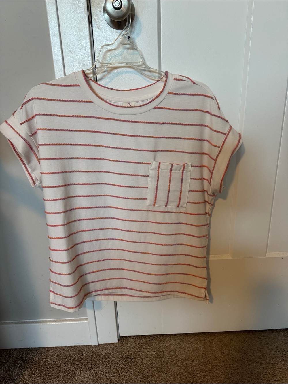 Girls' Short-Sleeve White Tee with Pink Stripes and Pocket Detail